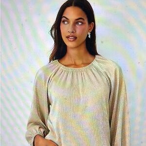 Ann Taylor petite shimmer plisse pleated raglan sleeve top